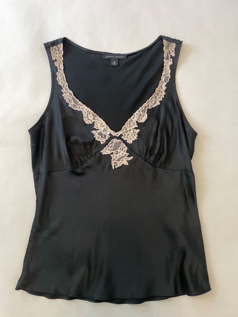 Vintage 90s Banana Republic 100% Silk Satin Camisole Tank Top, Black Lace Size 8